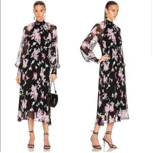 A.L.C. Casey Black 100% Silk Floral Midi Dress Size 0